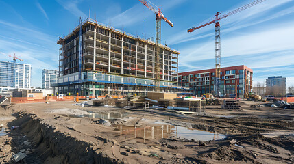 Fototapeta premium construction site for a large building with a clear blue sky background