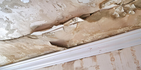 Water damage repair, damaged and stained ceiling, visible water marks, peeling paint, restoration service