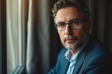Obraz premium Portrait of a Latino CEO wearing glasses transforming leadership concepts against a blurry background