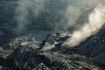 On a golden sunrise sky and fog background, a dynamic yellow tractor excavator bulldozer shovels mineral industry