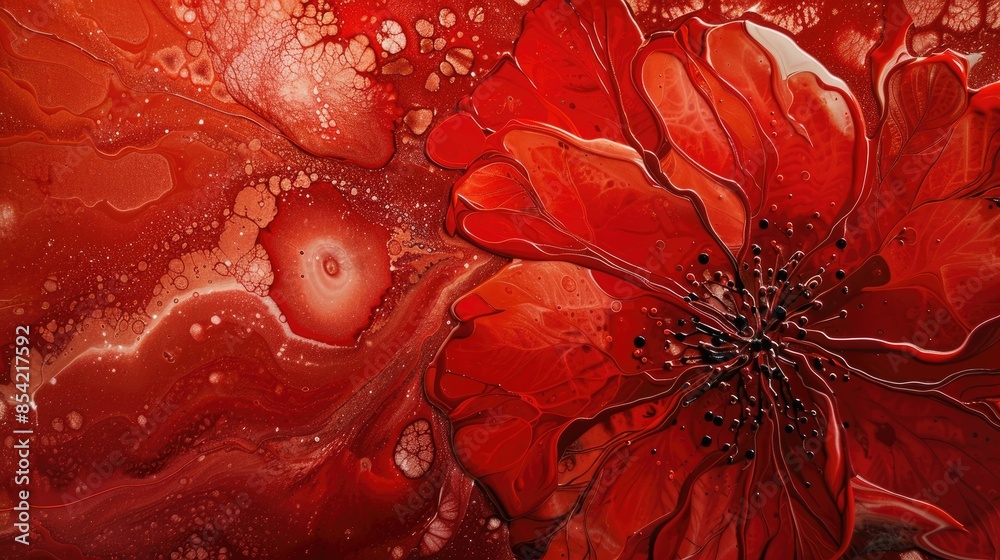 Canvas Prints Red Abstract Background with Macro Cells and Flower Created with Acrylic Paints and Marble Texture in Contemporary Art Style