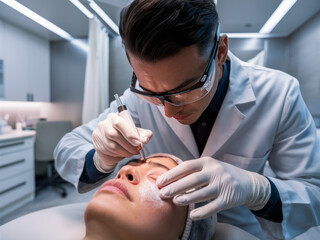 A Close-Up Detailed Photo of a Dermatologist Expertly Performing a Facial Procedure, Modern Clinic