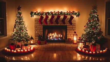 Fototapeta premium Create a cozy fireplace scene with stockings hung by the chimney, surrounded by twinkling lights and festive decorations.