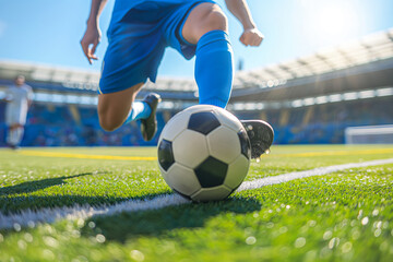 Fototapeta premium Soccer player about to kick ball on field, sports action concept. Eurocup 2024