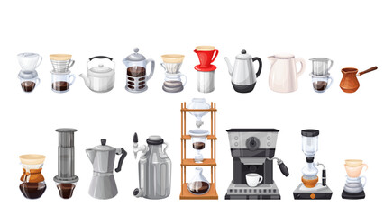 Retro and modern cartoon coffee makers set. Turkish cezve and Italian stovetop espresso maker pot, chemex and professional coffee machine. Cartoon barista devices collection vector illustration