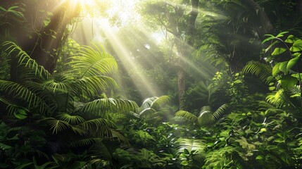 Vivid forest scenery with sun rays filtering through lush green leaves in natural environment