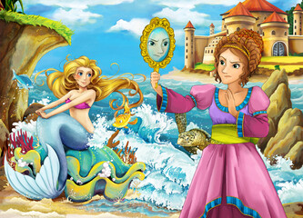Obraz premium Cartoon scene with sea or ocean and the mermaid princess sitting on giant shell on the shore near the castle meeting human illustration for children