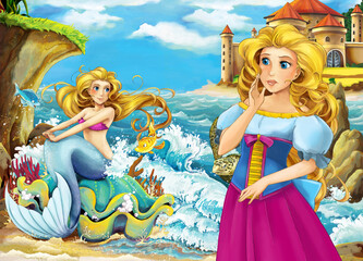 Cartoon scene with sea or ocean and the mermaid princess sitting on giant shell on the shore near the castle meeting human illustration for children