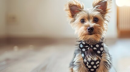 Beautiful playful girl Yorkshire Terrier  wearing a cute dress sitting on the floor. Looking at the camera.