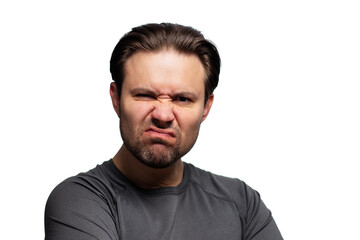 Man skeptical emotional portrait isolated on white background