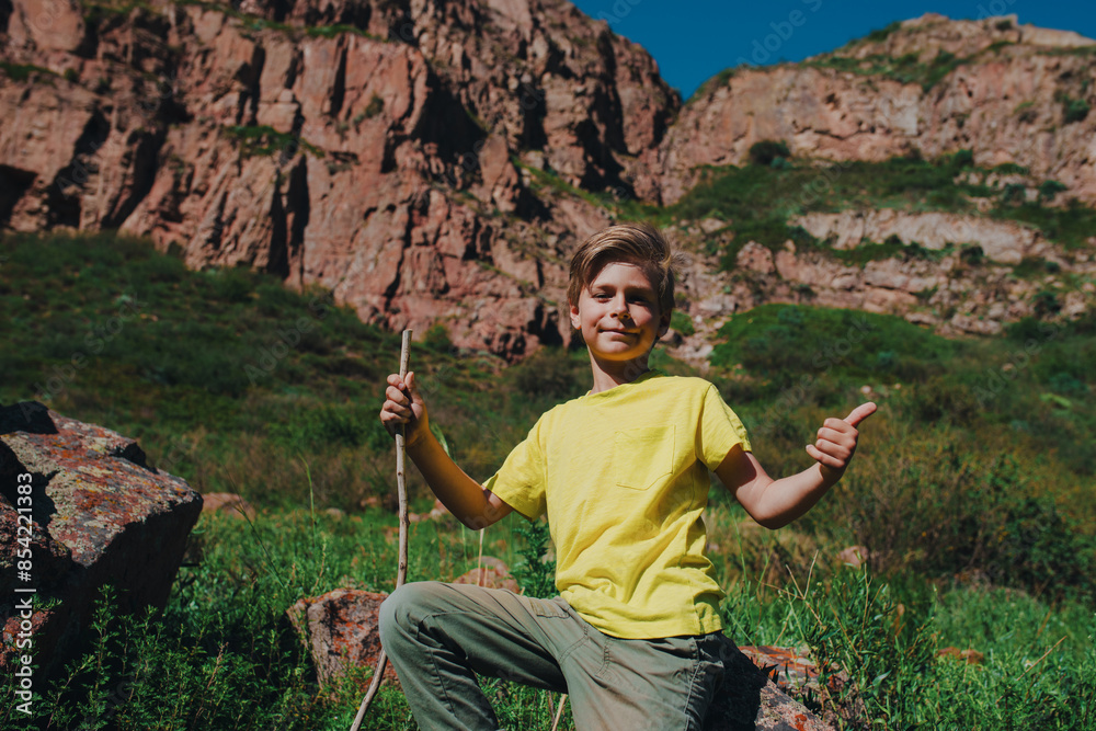 Poster Child hiker with stick sitting on stone