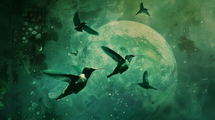 Fototapeta premium Hammingbirds migrate from the world on a background of space and wonder at the dynamic effects of global warming