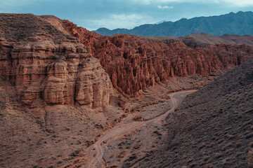 Picturesque red rock canyon in Kyrgyzstan on summer day