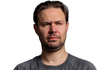 Obraz premium Man skeptical portrait isolated on white background