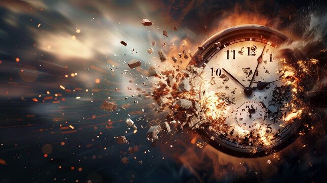 A clock exploding into pieces, with gears flying. Limited time, time running out, urgency, deadline concept. 