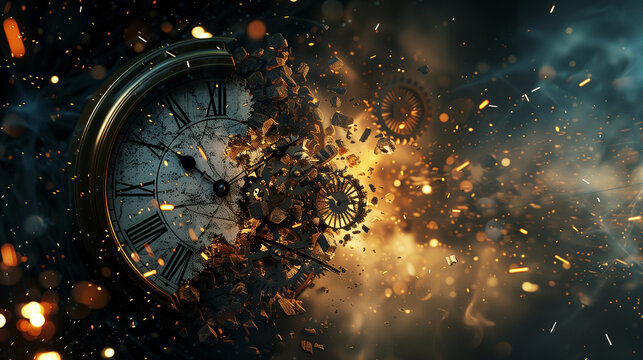 A clock exploding into pieces, with gears flying. Limited time, time running out, urgency, deadline concept. 