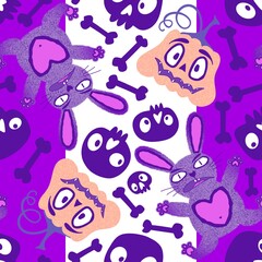 Halloween monsters seamless bunnies and pumpkins and skulls pattern