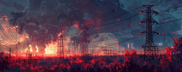 Fototapeta premium An abstract rendering of high voltage power lines with electricity pylons at twilight. The picture is set against a sunset sky background.