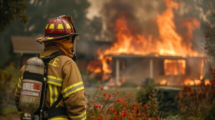 Naklejka premium A firefighter in full gear stands facing a house completely engulfed in a blazing fire