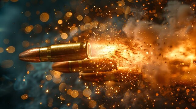 Dramatic depiction of a bullet speeding through a blaze, showing motion and combustive force