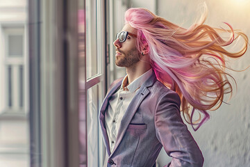 Fototapeta premium Beautiful caucasian man with long hair in pastel rainbow colors, portrait, blurred background