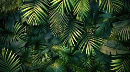 Lush foliage background with palm tree fronds and jungle green leaves vegetation, generative AI