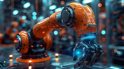 Highly detailed robotic hand with illuminated wiring showcasing advanced technology and automation