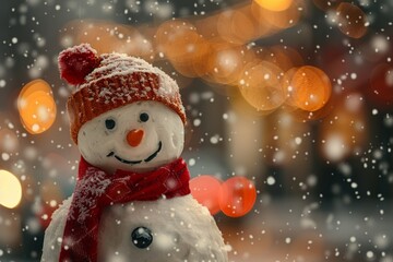 A cute little snowman stands on a snowy field during the winter holiday season.