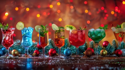 Beautiful row line of different colored alcohol cocktails with mint on a christmas party