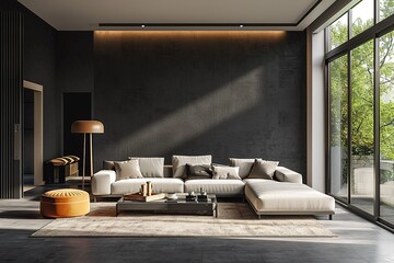 Simple modern home interior with dark walls in living room, latest interior design