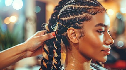 Hairdresser creating braids for client with afro hair in salon