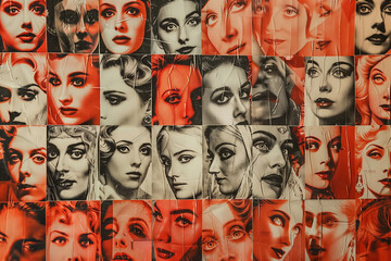 Obraz premium Collage of Vintage Female Portraits in Red and Black