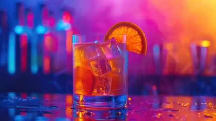 Glass of cocktail in hypnotic neon light. Colorful rave party drink