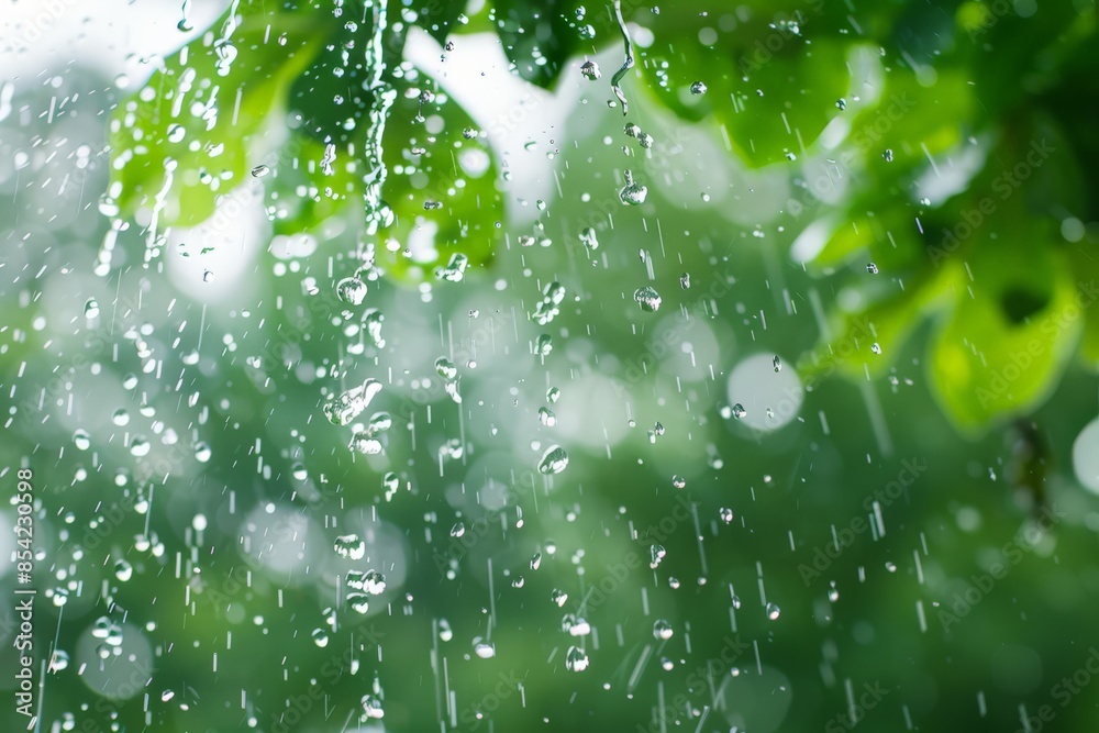 Poster The image focuses on suspended raindrops against a green bokeh background, displaying the intricate beauty of rainfall