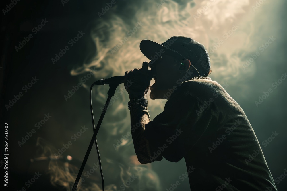 Poster dramatic image of a singer in a cap performing with a microphone enveloped in stage smoke