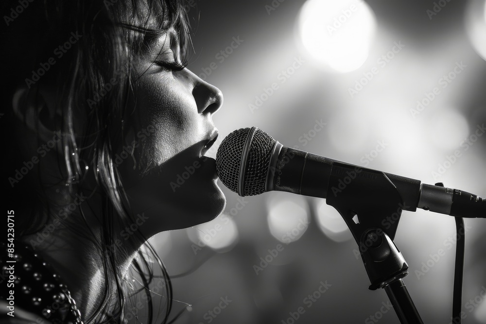 Poster A greyscale image of a singer performing live on stage with a microphone and stage lights in the background