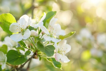 Obraz premium Delicate white apple blossoms with soft, sunlit bokeh background, conveying new life and growth