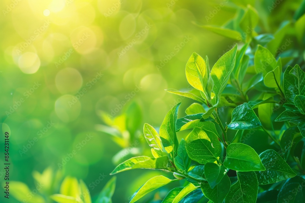Poster Close-up of fresh green leaves with sunlight creating a bokeh effect, invokes a feeling of growth and vitality