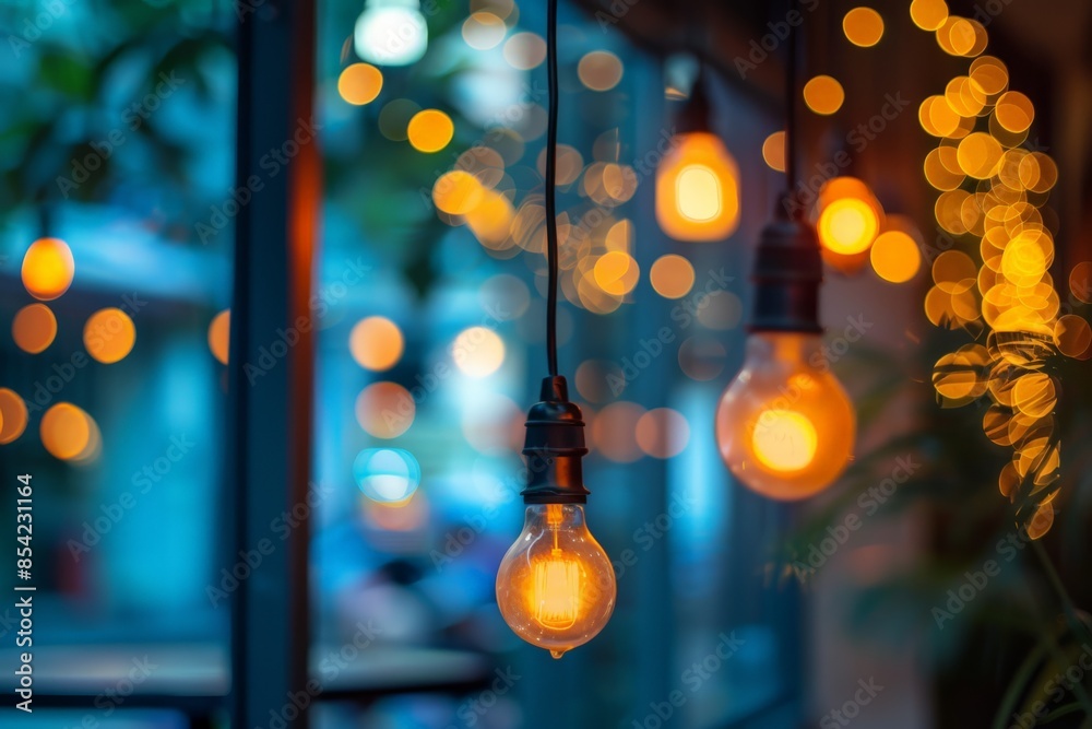 Poster cozy evening ambiance with glowing light bulbs and bokeh lights in the background