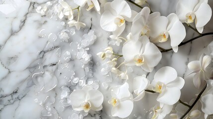 Indulge in the opulence of our spa treatments, inspired by nature's tranquility .Elegant arrangement of white orchids on a marble surface, symbolizing luxury and sophistication