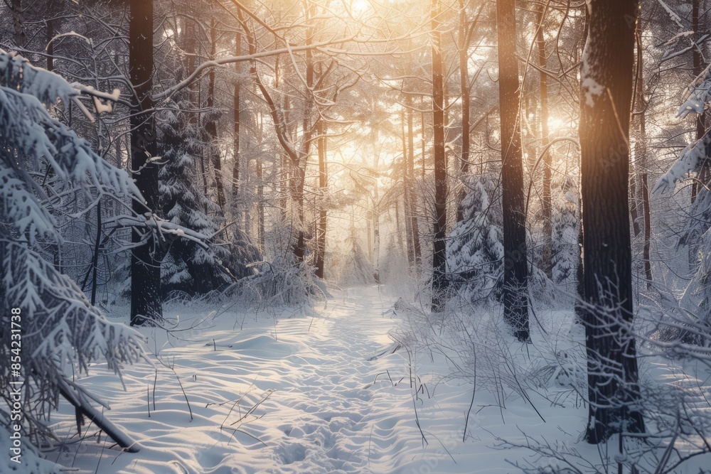 Poster Intimate forest view with snow-covered trees bathed in golden rays from a low-lying sun amidst the tranquility