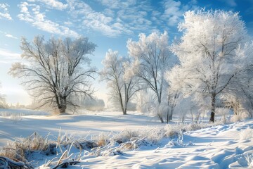 A serene winter scene with hoar-frost covered trees and a crystal-clear blue sky that evokes a sense of calm