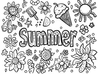 Fototapeta premium A delightful coloring page celebrating the joys of summer with whimsical doodles of flowers, sunshine, ice cream, and more. Perfect for kids and adults to unleash their creativity