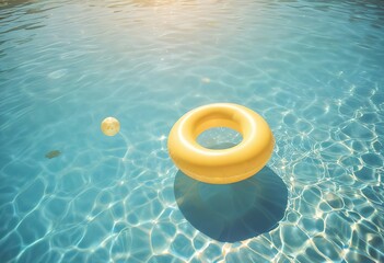 yellow swimming pool ring floats in blue water. concept color summer.