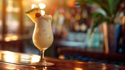 Pina colada cocktail on top of a wooden table