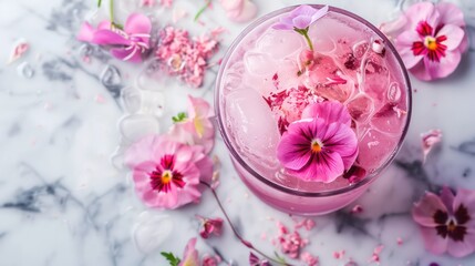 Pink cocktail with edible flowers in glass on marble background