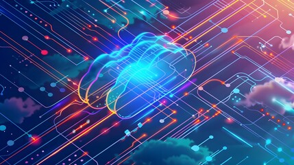 Isometric cloud storage for data downloading, symbolizing a futuristic network computing technology.Digital cloud storage depicted in isometric view, emphasizing futuristic data transmission services.
