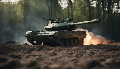 army tank with green camo with fictitious design at a battle scene with fire all around it, war theme