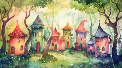 Watercolor of cute fairy houses in a whimsical forest setting, watercolor,cute, fairy, houses, whimsical, forest, magical, fantasy, nature, colorful, vibrant, mystical, enchanted, charm