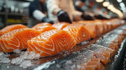 Salmon fillets prepared for packaging on a conveyor belt with factory setting
